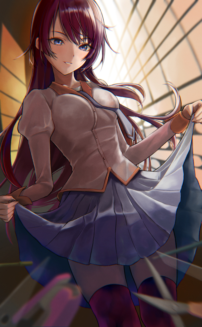 1girl absurdres bakemonogatari bangs blue_eyes blue_skirt breasts clothes_lift collared_shirt floating_hair grin hair_between_eyes highres holding holding_clothes holding_skirt huziko32 lifted_by_self long_hair long_sleeves looking_at_viewer medium_breasts monogatari_(series) naoetsu_high_school_uniform necktie pink_shirt pleated_skirt purple_eyes purple_hair ruler school_uniform scissors senjougahara_hitagi shirt skirt skirt_lift smile solo stapler swept_bangs thighhighs