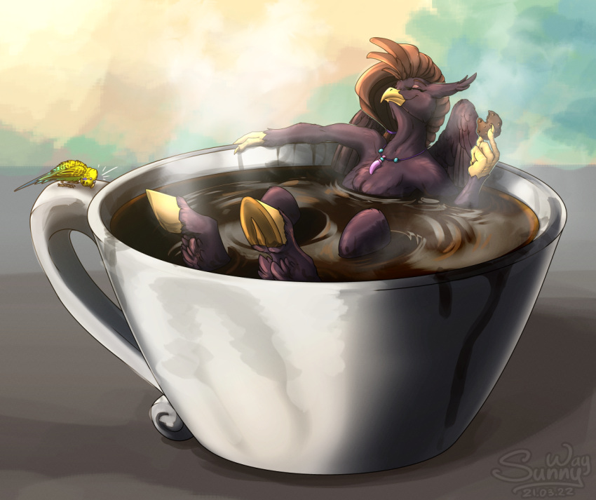 avian beverage bird budgerigar chilling coffee coffee_cup coffee_mug container cookie cup digital_drawing_(artwork) digital_media_(artwork) european_mythology feathers female feral food friendship_is_magic greek_mythology happy hasbro hippogriff loriinae my_little_pony mythological_avian mythology parakeet parrot patreon patreon_artist patreon_link relaxing reward solo solo_focus sunny_way text true_parrot url