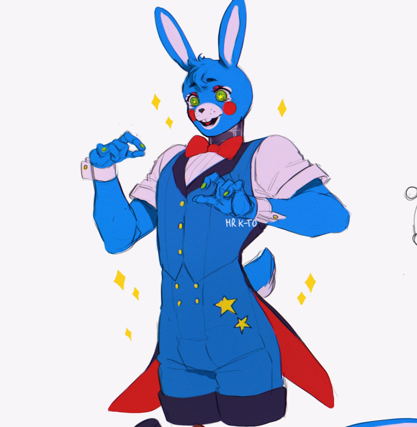 2022 animatronic anthro artist_name blue_body blue_fur bow_tie buckteeth clothing digital_media_(artwork) eyelashes eyeshadow fingers five_nights_at_freddy's five_nights_at_freddy's_2 fur green_eyes hi_res kato200_0 lagomorph leporid long_ears machine makeup male mammal multicolored_body multicolored_fur rabbit robot scottgames short_tail signature simple_background smile solo standing star_eyes suit teeth tongue toy_bonnie_(fnaf) two_tone_body two_tone_fur video_games white_background white_body white_fur