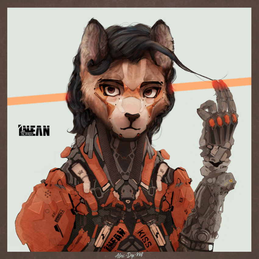 alex-dep-998 anthro cybernetics cyborg domestic_cat felid feline felis female fur green_eyes hair hi_res machine mammal orange_body pupils science_fiction simple_background standing