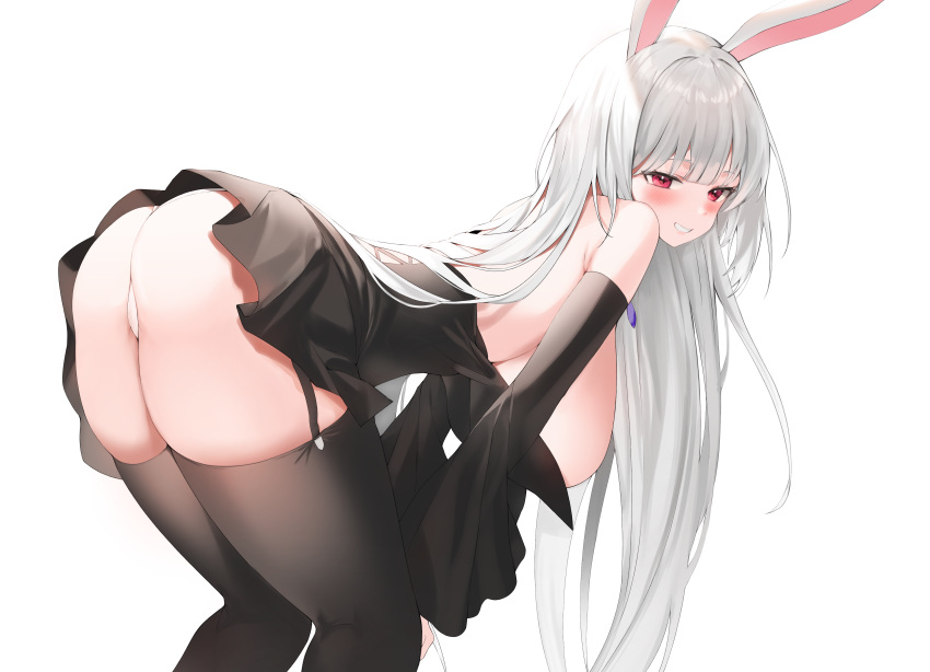 1girl absurdres animal_ears armpit_crease ass back backless_dress backless_outfit bare_shoulders bent_over black_dress black_legwear breasts commission coqua detached_sleeves dress from_side garter_straps grin highres huge_breasts long_hair long_sleeves looking_at_viewer looking_to_the_side no_bra original panties rabbit_ears red_eyes short_dress simple_background sleeves_past_fingers sleeves_past_wrists smile solo standing strapless strapless_dress thighhighs underwear very_long_hair white_background white_hair white_panties