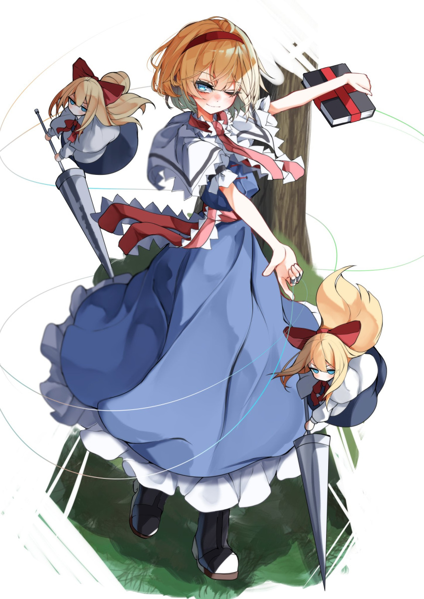 1girl ahoge alice_margatroid apron arm_up arms_up bangs black_footwear blonde_hair blue_dress blush book boots bow bowtie capelet closed_mouth commentary_request doll dress eyebrows_visible_through_hair eyelashes flying frills grass grey_shirt hair_between_eyes hairband hand_up hands_up highres long_hair long_sleeves looking_at_viewer looking_to_the_side necktie no_mouth one_eye_closed puffy_long_sleeves puffy_short_sleeves puffy_sleeves red_bow red_bowtie red_hairband red_necktie shanghai_doll shirt short_sleeves smile solo standing touhou tree tsune_(tune) v-shaped_eyebrows weapon white_apron white_background white_capelet white_shirt