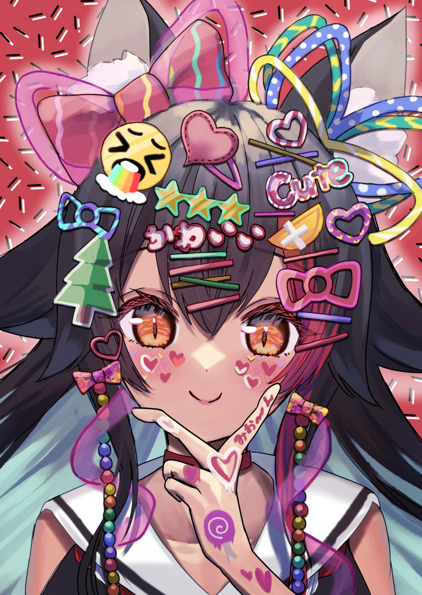 1girl absurdres animal_ears black_hair blue_hair bow choker collarbone colored_inner_hair emoji hair_bow hair_ornament hairclip hand_on_own_chin heart highres hololive looking_at_viewer multicolored_hair ookami_mio pink_bow portrait red_background red_choker sailor_collar siranami_eight smile solo star_(symbol) star_hair_ornament sticker v virtual_youtuber wolf_ears wolf_girl