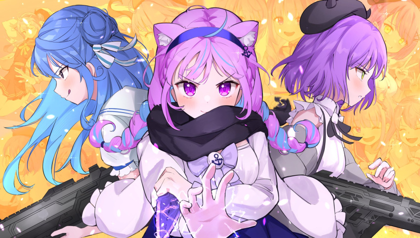 3girls anchor_symbol animal_ear_fluff animal_ears apex_legends assault_rifle black_scarf blue_hair blush breasts cat_ears cat_girl collared_shirt frilled_shirt frills gun highres hitsujisnow holding holding_gun holding_knife holding_weapon hololive hoshimachi_suisei knife licking_lips light_machine_gun medium_breasts minato_aqua multiple_girls purple_eyes purple_hair r-301_carbine rampage_lmg rifle scarf shirt sleeveless sleeveless_shirt tokoyami_towa tongue tongue_out v-shaped_eyebrows virtual_youtuber weapon white_shirt wraith's_kunai