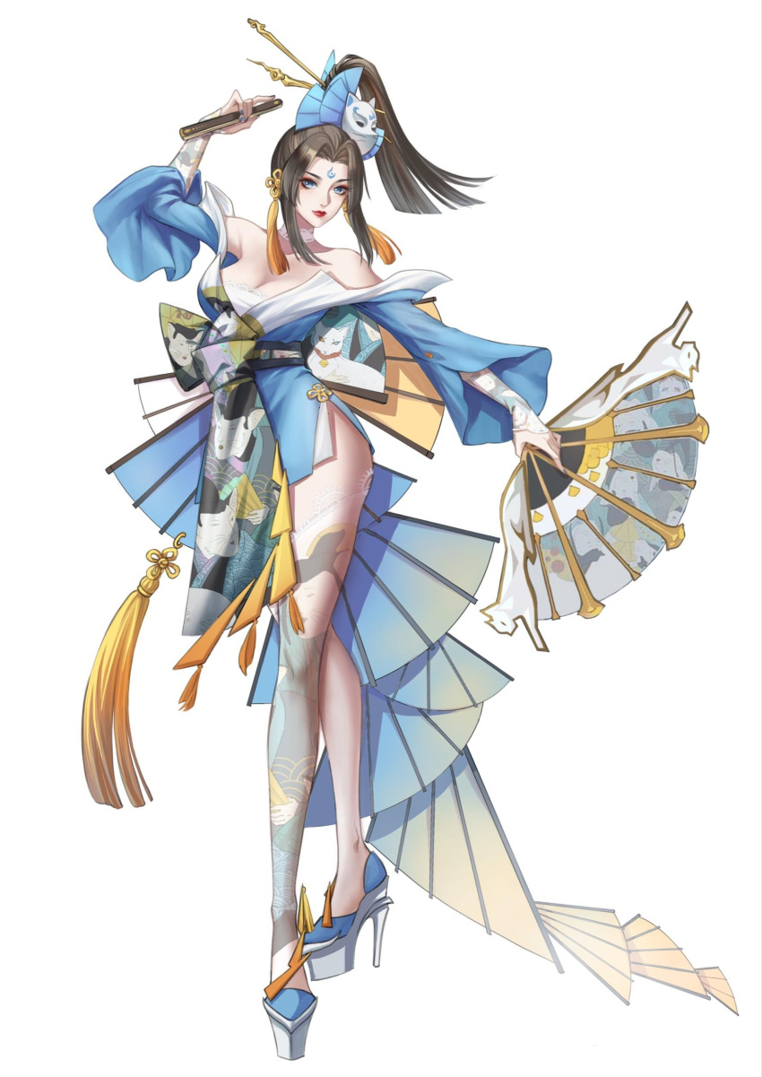 1girl absurdres alternate_costume animal_print bangs bare_shoulders bell black_hair blue_eyes blue_kimono blue_sleeves breasts cat_print chinese_commentary choker cleavage collarbone crossed_legs earrings facial_mark fatal_fury forehead forehead_mark hair_ornament hairpin hand_fan hand_up heterochromia high_heels high_ponytail highres holding japanese_clothes jewelry kimono king.cc large_breasts long_bangs long_hair long_sleeves makeup mask mask_on_head mole neck_bell off_shoulder platform_footwear platform_heels red_lips shadow shiranui_mai simple_background single_thighhigh smile solo standing tassel tassel_earrings thighhighs thighs v-shaped_eyebrows wangzhe_rongyao white_background white_choker wide_sleeves