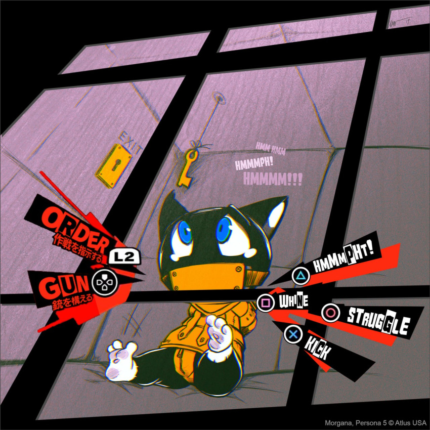 anthro arms_tied atlus bound domestic_cat felid feline felis gag gagged gameplay_mechanics hands_behind_back hi_res impximon key male mammal megami_tensei megami_tensei_persona morgana_(persona) muffled padded_room prison_cell restraints solo straitjacket text video_games