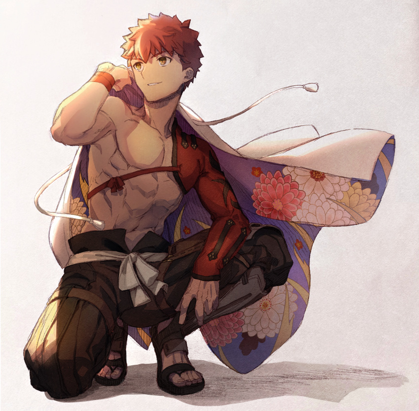 1boy absurdres emiya_shirou fate/grand_order fate_(series) highres igote looking_to_the_side male_focus red_hair senji_muramasa_(fate) short_hair smile solo squatting sword toned toned_male tuto_(mokuchin09) weapon wind yellow_eyes