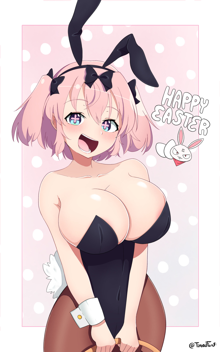 absurdres animal_ears breasts bunny cleavage easter eyebrows_visible_through_hair hibari_(senran_kagura) highres large_breasts looking_at_viewer pink_hair playboy_bunny rabbit_ears rabbit_tail ribbon senran_kagura senran_kagura_estival_versus senran_kagura_new_link senran_kagura_shinovi_versus signature simple_background smile tail user_penr2482