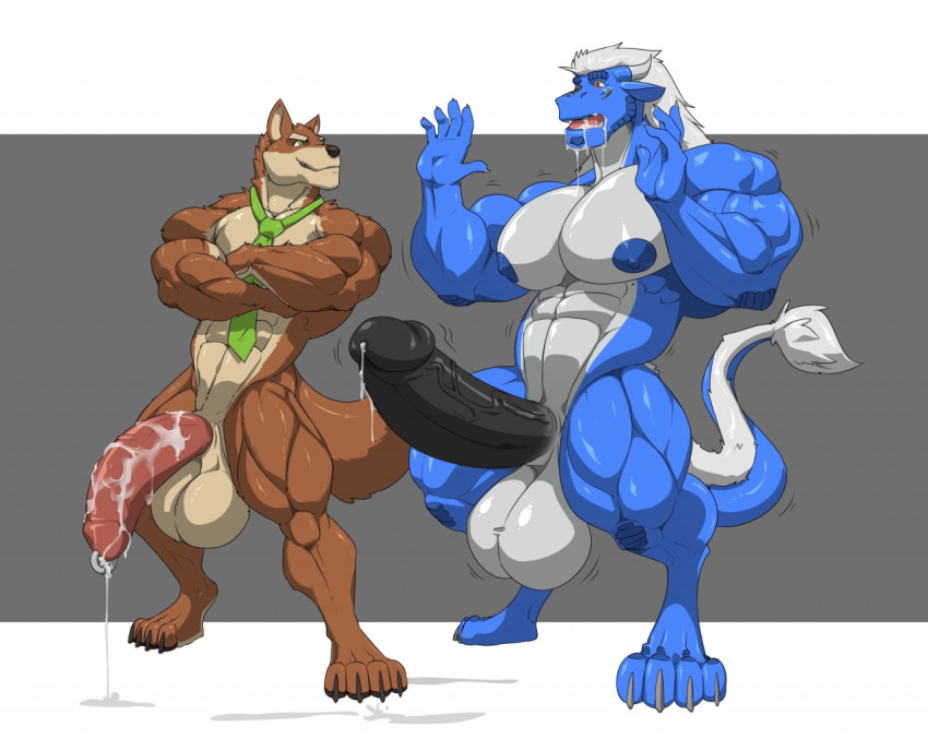 akuro anthro balls bamwuff big_balls big_muscles big_penis bodily_fluids canid canine canis clothed clothing cum dragon dripping drooling duo genital_fluids genital_growth genitals growth huge_balls huge_penis hyper hyper_balls hyper_genitalia hyper_penis kartos male male/male mammal muscle_growth muscle_size_difference muscular muscular_anthro muscular_male nipples partially_clothed penis penis_growth saliva shocked_expression wolf