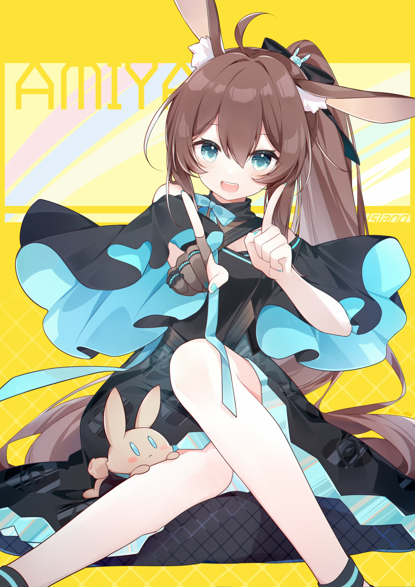 1girl :d absurdres ahoge amiya_(arknights) animal_ears ankle_cuffs aqua_dress arknights bare_shoulders black_dress blue_eyes blue_nails brown_hair character_name detached_sleeves dress eta fingerless_gloves floral_print gloves hair_ornament hair_ribbon highres jewelry koi_dance looking_at_viewer multicolored_clothes multicolored_dress neck_ribbon open_mouth ponytail rabbit_ears ribbon ring rose_print single_fingerless_glove sitting smile stuffed_animal stuffed_bunny stuffed_toy twitter_username yellow_background