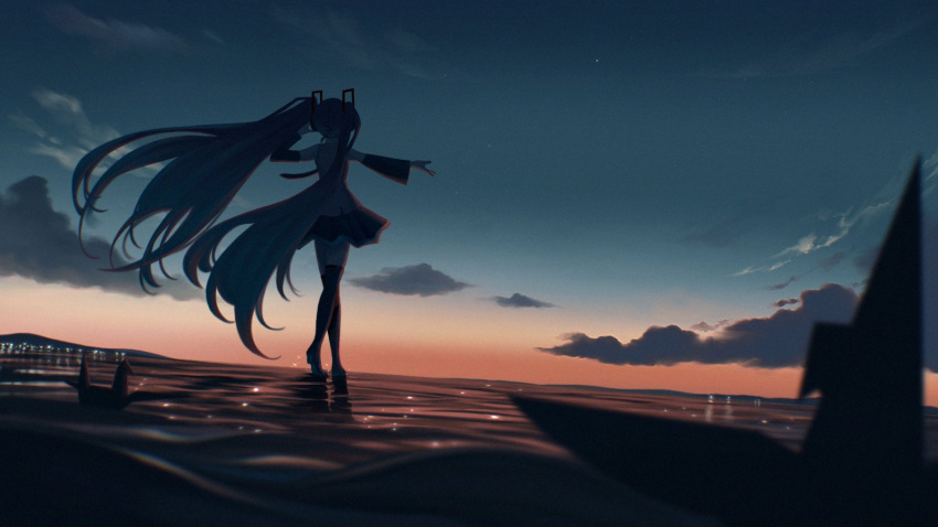 1girl aqua_eyes aqua_hair black_legwear boots cloud cloudy_sky detached_sleeves grey_shirt hatsune_miku headphones headset highres kaihaku_(kaihaku2001) long_hair mountainous_horizon necktie origami paper_crane shirt skirt sky sleeveless solo sparkle thigh_boots thighhighs twilight twintails very_long_hair vocaloid walking walking_on_liquid