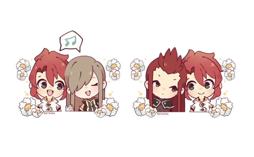 1girl 2boys absurdres asch_(tales) brown_hair chibi closed_mouth flower green_eyes hair_over_one_eye highres hitsujinu long_hair looking_at_another luke_fon_fabre multiple_boys music open_mouth red_hair short_hair singing tales_of_(series) tales_of_the_abyss tear_grants white_background