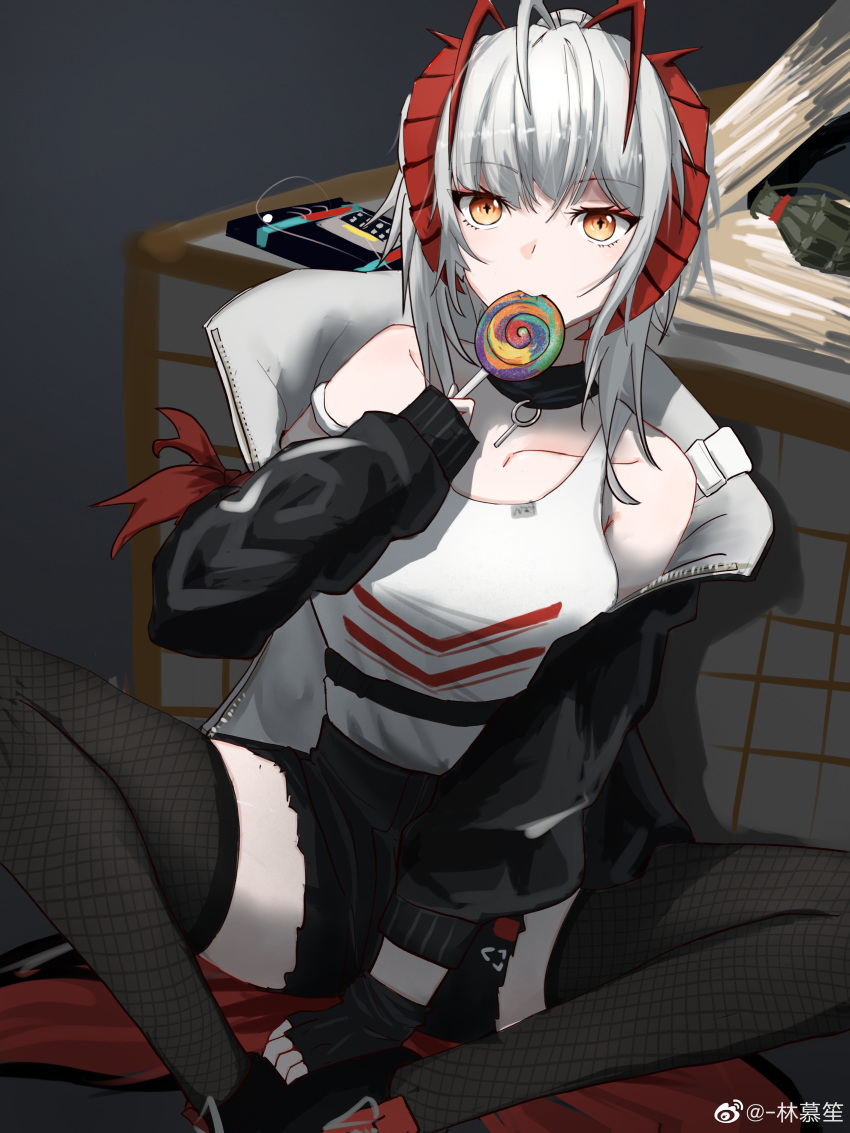 +_+ 1girl absurdres antenna_hair arknights artist_name bangs bare_shoulders black_background black_gloves black_jacket black_legwear black_shorts breasts candy collarbone detonator eating explosive eyebrows_visible_through_hair fingerless_gloves food gloves grenade highres holding holding_food horns jacket linmusheng lollipop long_sleeves looking_at_viewer medium_breasts multicolored_hair official_alternate_costume open_clothes open_jacket orange_eyes red_hair shirt short_hair short_shorts shorts silver_hair simple_background sitting sleeves_past_wrists solo spread_legs table tank_top thighhighs two-tone_hair w_(arknights) weibo_username white_shirt