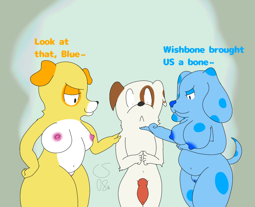 2022 absurd_res animal_genitalia animal_penis anthro belly blue's_clues blue_(blue's_clues) breasts canid canine canine_penis catscratch08th devious_grin dialogue digital_drawing_(artwork) digital_media_(artwork) female genitals group group_sex hi_res male male/female mammal martha_lorraine martha_speaks nervous nickelodeon nipples peer_pressure penis pussy sex thick_thighs threesome wishbone_(character) wishbone_(tv_series)