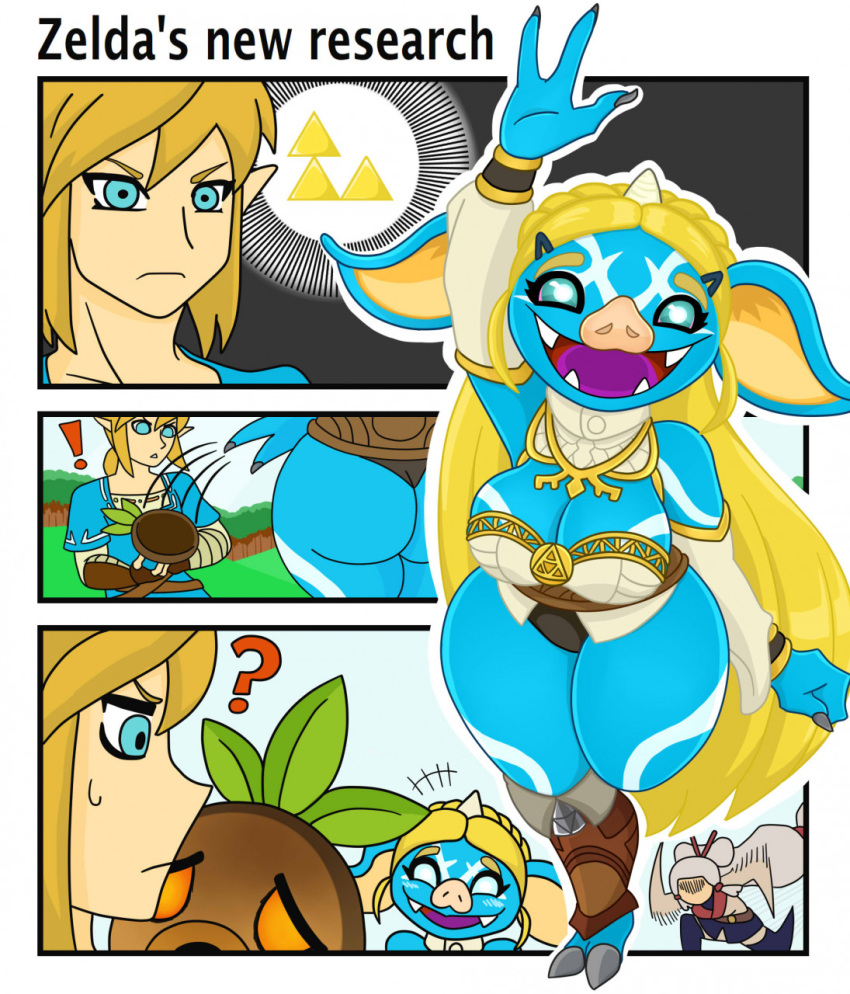 3_fingers accessory big_breasts big_ears blin_(tloz) blonde_hair blue_body blue_eyes blush bokoblin bottomwear breasts breath_of_the_wild butt clothed clothing cute_expression cute_fangs digital_media_(artwork) female fingers group hair hair_accessory hairclip hi_res horn humanoid humanoid_pointy_ears hylian impa legwear link long_hair male mammal monster monstrous_humanoid nintendo open_mouth princess_zelda running sheikah smile suina teeth the_legend_of_zelda topwear transformation triforce urusee584 video_games white_hair