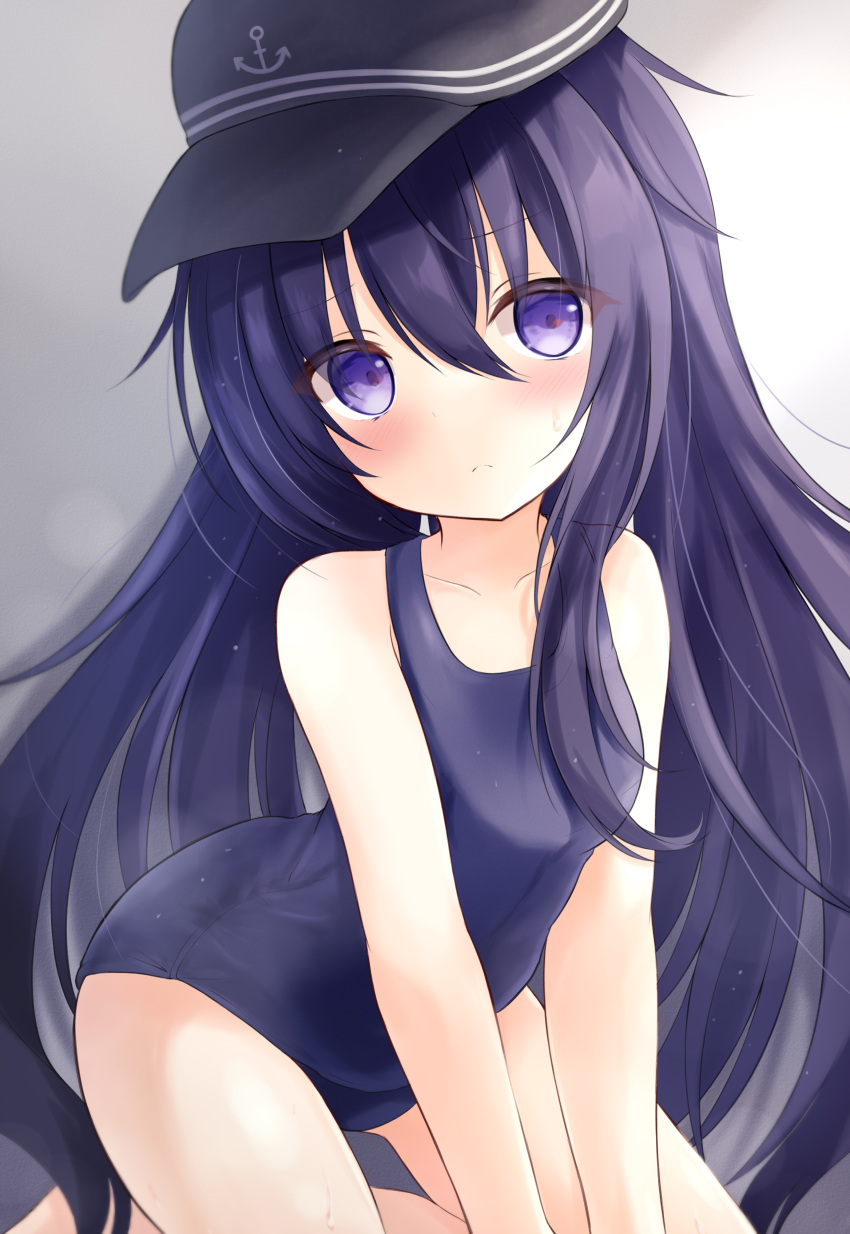 1girl absurdres akatsuki_(kancolle) anchor_symbol bare_arms bare_legs bare_shoulders black_headwear black_swimsuit blush closed_mouth collarbone eyebrows_visible_through_hair flat_cap hair_between_eyes hat highres kantai_collection kata_rosu long_hair one-piece_swimsuit purple_eyes purple_hair school_swimsuit solo swimsuit