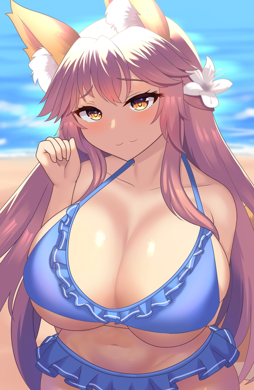 1girl :3 absurdres animal_ear_fluff animal_ears bikini blue_bikini blush breasts collarbone eyebrows_visible_through_hair fate/grand_order fate_(series) flower fox_ears fox_girl fox_tail groin hair_flower hair_ornament heart heart-shaped_pupils highres huge_breasts jifuwabe long_hair looking_at_viewer navel ocean outdoors pink_hair side-tie_bikini smile solo swimsuit symbol-shaped_pupils tail tamamo_(fate) tamamo_no_mae_(swimsuit_lancer)_(fate) very_long_hair