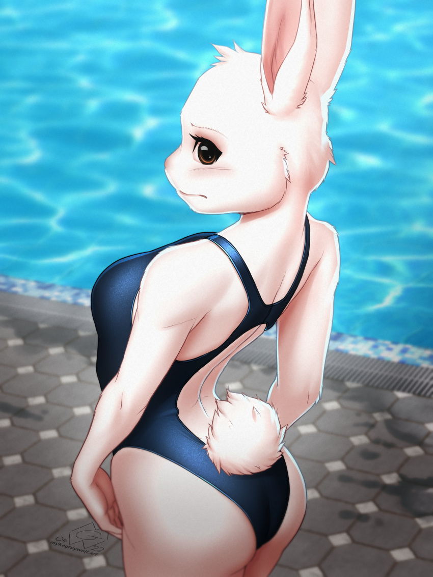 2022 absurd_res anthro beastars blush breasts butt clothed clothing digital_drawing_(artwork) digital_media_(artwork) domestic_rabbit dwarf_rabbit exposed female haru_(beastars) hi_res lagomorph leporid looking_at_viewer looking_back mammal mykegreywolf one-piece_swimsuit oryctolagus pinup poolside pose rabbit rear_view size_difference skimpy small_breasts solo swimming_pool swimwear tail_tuft tuft