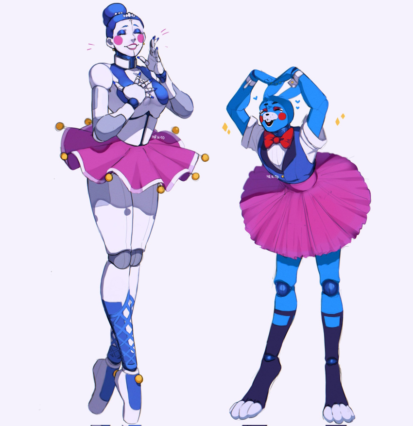 &lt;3 2022 animatronic anthro artist_name ballerina ballet ballora_(fnafsl) blue_body blue_fur blue_hair bottomwear bow_tie breasts buckteeth cleavage_cutout clothed clothing crossdressing dancewear digital_media_(artwork) duo ear_piercing ear_ring eyelashes eyes_closed eyeshadow feet female fingers five_nights_at_freddy's five_nights_at_freddy's_2 fur grey_background hair hi_res humanoid kato200_0 lagomorph leporid long_ears machine makeup male mammal multicolored_body multicolored_fur piercing rabbit robot robot_humanoid scottgames signature simple_background sister_location skirt smile standing teeth toes toy_bonnie_(fnaf) tutu two_tone_body two_tone_fur video_games white_body white_fur white_skin