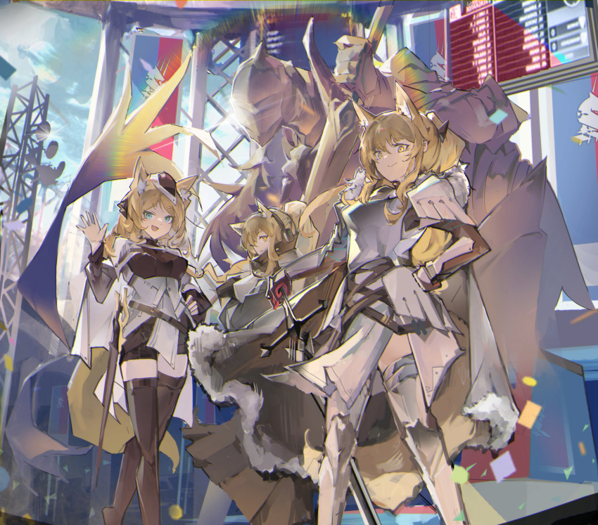 3girls :d absurdres animal_ear_fluff animal_ears aqua_eyes arknights armor bangs belt black_legwear black_sleeves blemishine_(arknights) blonde_hair blunt_bangs cape cloak closed_mouth commentary_request confetti cross-laced_clothes fang feet_out_of_frame flag fur_trim hair_ornament hand_on_hip hat headphones highres holding holding_sword holding_weapon horse_ears horse_girl horse_tail jumbowhopper legs_apart long_hair looking_at_viewer multiple_girls nearl_(arknights) open_mouth outdoors ponytail rainbow_gradient scoreboard siblings sisters skin_fang smile sparkle standing sunlight sword tail thighhighs waving weapon whislash_(arknights) white_legwear yellow_eyes
