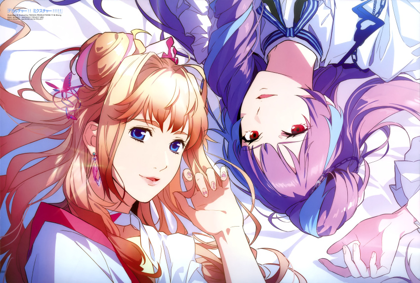 2girls absurdres artist_name bed_sheet blonde_hair blue_eyes blue_hair blue_ribbon copyright_name earrings hair_intakes highres jewelry long_hair long_sleeves macross macross_delta macross_frontier mikumo_guynemer multicolored_hair multiple_girls nail_polish neck_ribbon open_mouth purple_hair red_eyes ribbon sheryl_nome shiny shiny_hair shirt sparkle striped striped_ribbon two-tone_hair very_long_hair white_shirt