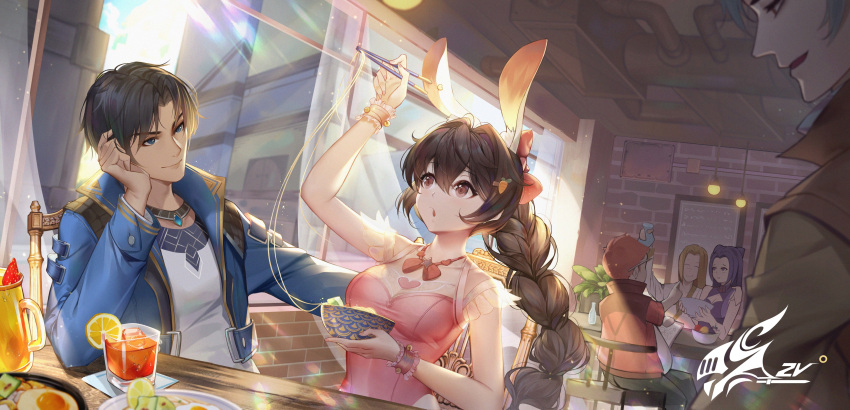 absurdres animal_ears blue_eyes bowl braid braided_ponytail couple douluo_dalu dress eating food fruit highres iced_tea lemon lemon_slice looking_up mao44407 noodles pink_dress rabbit_ears smile surprised tang_san watching xiao_wu_(douluo_dalu)