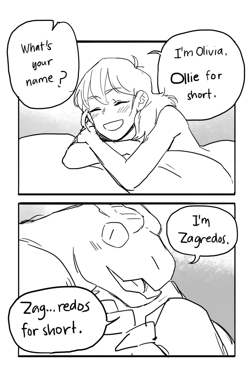anthro blush claws comic dialogue digital_media_(artwork) dragon duo english_text female hair hi_res horn human interspecies male male/female mammal nude ollie_(spirit_bathouse) open_mouth scalie sframboob simple_background size_difference smile text zagredos_(spirit_bathouse)