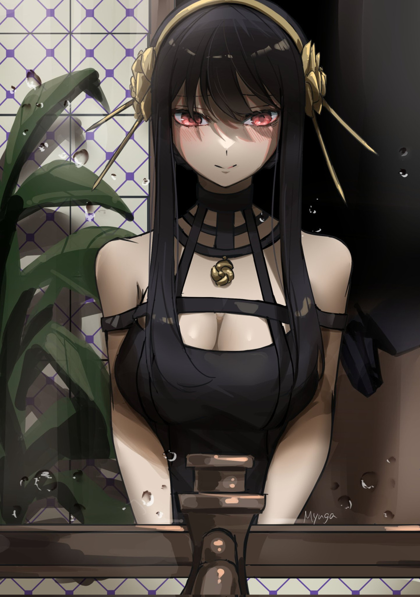 1girl bangs bare_shoulders black_dress black_hair breasts cleavage closed_mouth dress earrings gold_earrings gold_hairband highres jewelry large_breasts long_hair looking_at_viewer mirror myuga66666 red_eyes reflection rose_hair_ornament sidelocks smile spy_x_family yor_briar