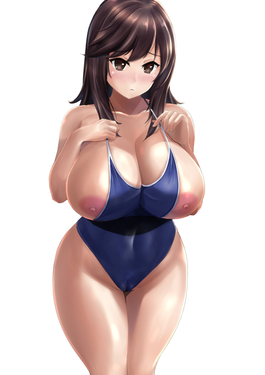 1girl areolae bangs blue_swimsuit blush breasts brown_hair cameltoe cleavage cleft_of_venus closed_mouth collarbone covered_navel curvy groin highleg highres ichijou_hotaru large_areolae large_breasts looking_at_viewer lot_(user_vpzk4483) nipples non_non_biyori one-piece_swimsuit plump school_swimsuit simple_background solo standing swimsuit thighs undersized_clothes white_background