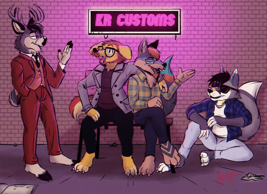 alley anthro bench bird_dog brick_wall canid canine canis cervid city clothing coyote domestic_dog eyewear fox friends garf_of_finland glasses golden_retriever group hi_res humanoid hunting_dog kon_shearo male male/male mammal neon_sign night paws retriever sign suit sunglasses wall_(structure)