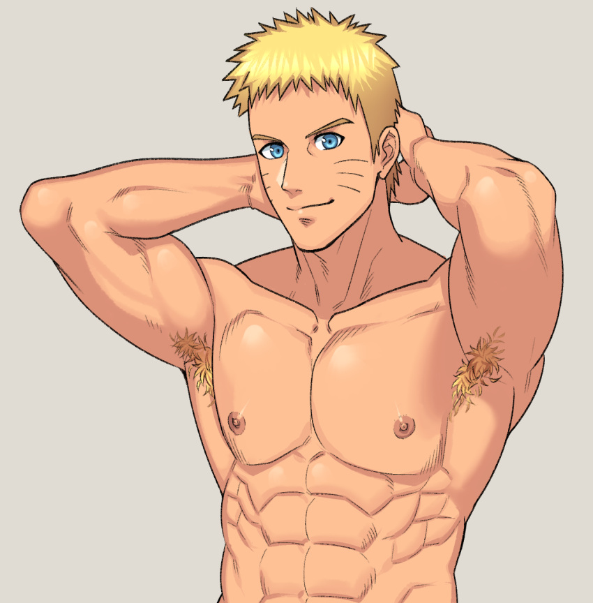 1boy abs arima_(arima_bn) arm_behind_head armpit_hair armpits bara biceps blonde_hair highres looking_at_viewer male_focus manly mature_male muscular muscular_male naruto_(series) nipples pectorals smile solo spiked_hair topless topless_male upper_body uzumaki_naruto yellow_eyes