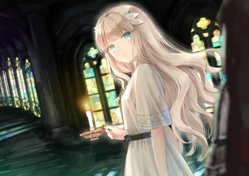 1girl absurdres akasaka_asa aqua_eyes bangs blunt_bangs blurry blurry_foreground candle dress ender_lilies_quietus_of_the_knights hair_ribbon highres holding indoors lily_(ender_lilies) long_hair ribbon shiny shiny_hair short_sleeves silver_hair solo_focus stairs very_long_hair white_dress