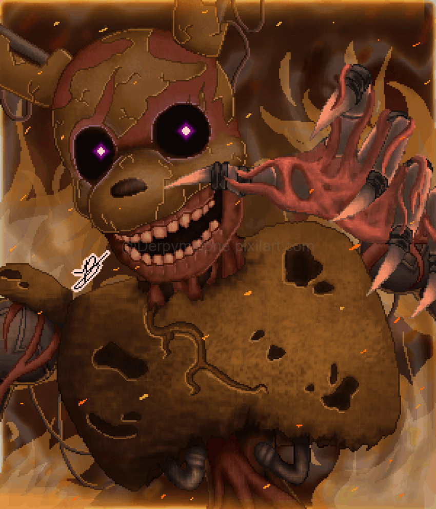 2022 animated animatronic anthro border brown_background brown_body brown_nose brown_skin burning burning_alive burntrap_(fnaf) claws close-up corpse death derpymelone digital_media_(artwork) distracting_watermark fangs fir five_nights_at_freddy's five_nights_at_freddy's:_security_breach green_body hi_res lagomorph leporid long_ears looking_at_viewer machine male mammal metal metallic metallic_body multicolored_body notched_ear open_mouth orange_border pixel_(artwork) pixel_animation portrait pupils purple_eyes rabbit raised_arm reaching_towards_viewer robot scottgames sharp_claws sharp_teeth signature simple_background small_eyes small_pupils smile smiling_at_viewer solo teeth torn_body undead video_games watermark widescreen wire