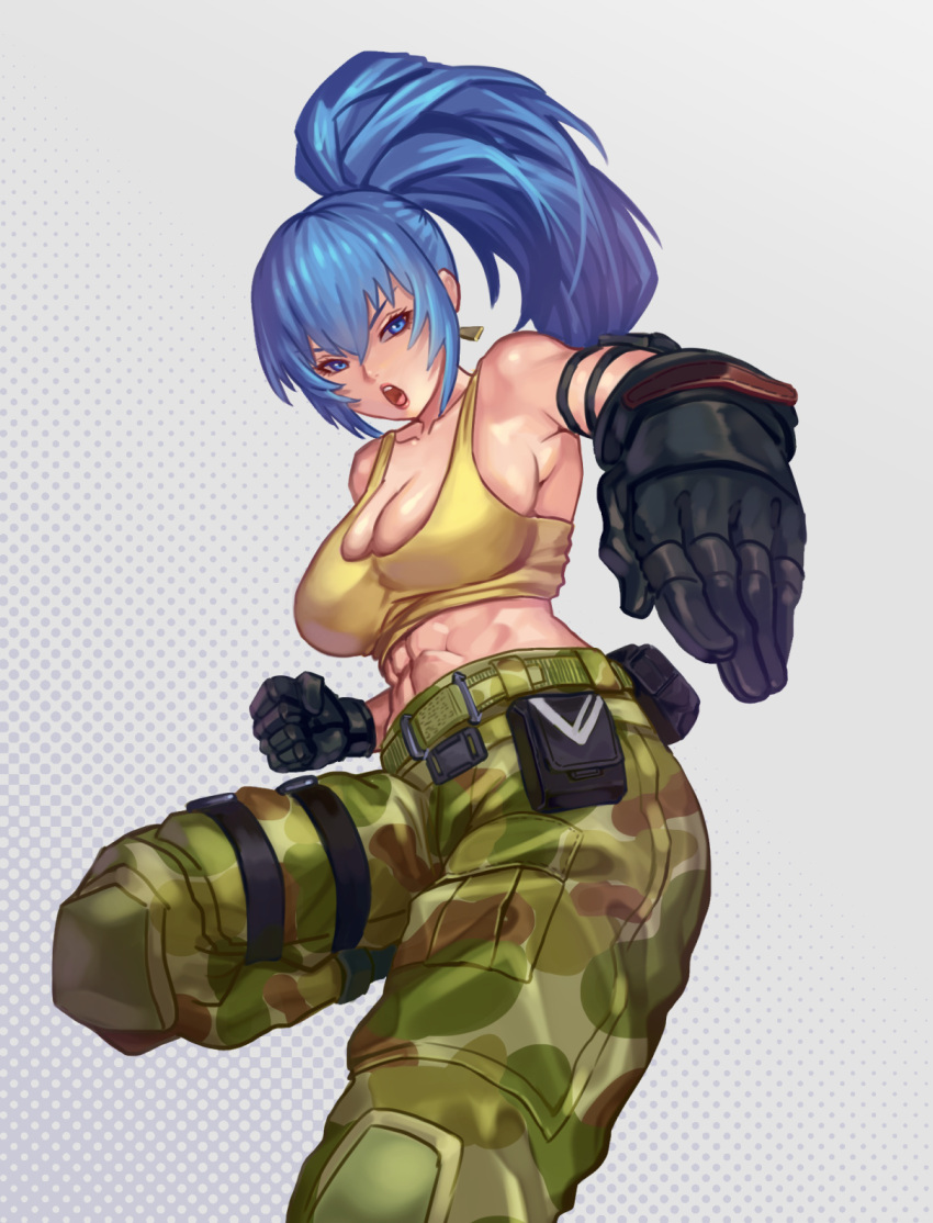 1girl abs ammunition_pouch bare_shoulders belt belt_pouch blue_eyes blue_hair breasts camouflage camouflage_pants cleavage clenched_hand earrings gloves grey_background highres jewelry large_breasts leona_heidern midriff muscular muscular_female open_mouth pants ponytail pouch seed01010 simple_background solo tank_top the_king_of_fighters the_king_of_fighters_xiv the_king_of_fighters_xv triangle_earrings yellow_tank_top