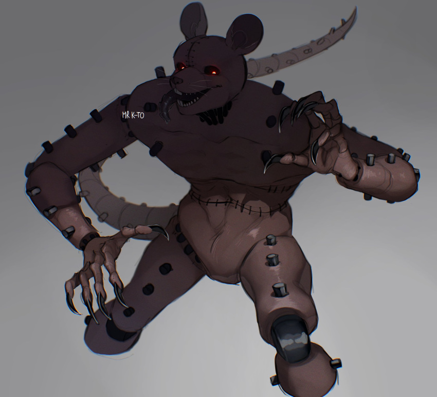 2022 animatronic anthro artist_name brown_body brown_fur buckteeth claws digital_media_(artwork) featureless_crotch fingers five_nights_at_candy's five_nights_at_candy's_3 fur glowing glowing_eyes grey_background hi_res kato200_0 long_tail looking_at_viewer machine male mammal murid murine muscular muscular_anthro muscular_male rat rat_(fnac) red_eyes robot rodent signature simple_background smile solo standing stitch_(sewing) teeth tongue tongue_out whiskers