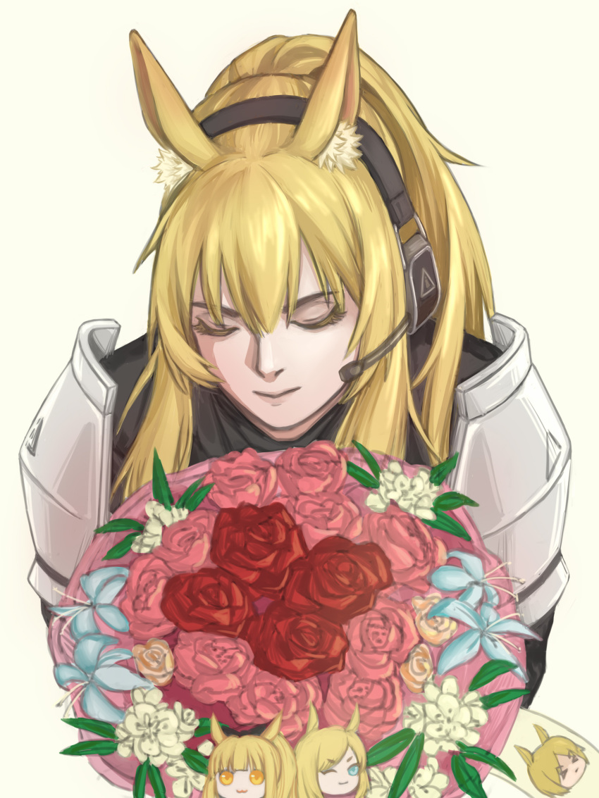 1girl absurdres animal_ear_fluff animal_ears arknights armor bangs blemishine_(arknights) blonde_hair blue_flower bouquet closed_eyes commentary flower headset highres implied_extra_ears long_hair mlynar_(arknights) nearl_(arknights) nitric_acid_(nitrate2002) pauldrons pink_flower pink_rose red_flower red_rose rose shoulder_armor simple_background solo upper_body whislash_(arknights) white_flower yellow_background