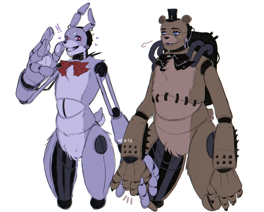 &lt;3 2022 animatronic anthro artist_name big_hands blue_eyes blush bow_tie brown_body brown_fur clothing digital_media_(artwork) drawkill_bonnie_(fnaf) drawkill_freddy_(fnaf) duo exclamation_point featureless_crotch five_nights_at_freddy's fur grey_body grey_fur hand_holding hat headgear headwear hi_res kato200_0 lagomorph leporid long_ears machine male male/male mammal multicolored_body multicolored_fur rabbit red_eyes robot scottgames signature simple_background smile standing stitch_(sewing) teeth top_hat two_tone_body two_tone_fur ursid video_games white_background