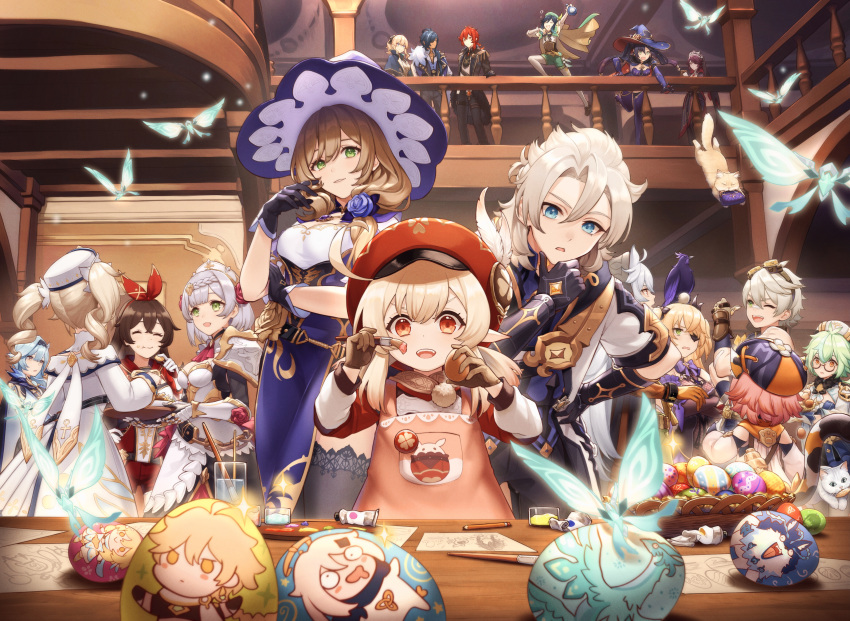 6+boys 6+girls absurdres aether_(genshin_impact) ahoge albedo_(genshin_impact) amber_(genshin_impact) andrius_(genshin_impact) apron armor barbara_(genshin_impact) bennett_(genshin_impact) bird braid breastplate cabbie_hat cat closed_eyes coat diluc_(genshin_impact) diona_(genshin_impact) dragon easter easter_egg egg eula_(genshin_impact) eyepatch fischl_(genshin_impact) genshin_impact glasses gloves goggles goggles_on_head happy_easter hat highres jean_(genshin_impact) kaeya_(genshin_impact) klee_(genshin_impact) lisa_(genshin_impact) lumine_(genshin_impact) mona_(genshin_impact) multiple_boys multiple_girls noelle_(genshin_impact) open_mouth oz_(genshin_impact) paimon_(genshin_impact) paintbrush ponytail razor_(genshin_impact) rosaria_(genshin_impact) siya_ho smile sucrose_(genshin_impact) twin_braids twintails venti_(genshin_impact) wallet witch_hat