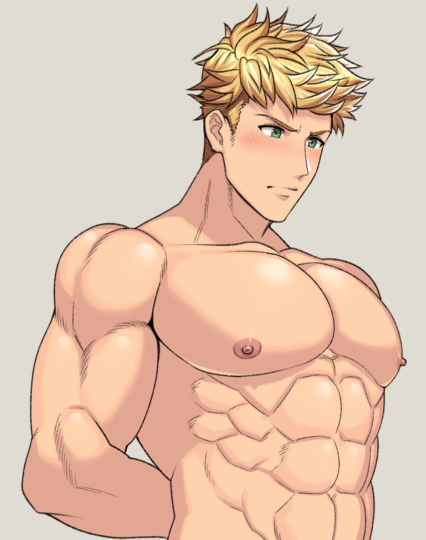 1boy abs arima_(arima_bn) bara biceps blonde_hair blush granblue_fantasy green_eyes hand_on_back highres large_pectorals long_sideburns looking_to_the_side male_focus manly mature_male muscular muscular_male nipples pectorals sideburns solo spiked_hair thick_arms topless topless_male upper_body vane_(granblue_fantasy)