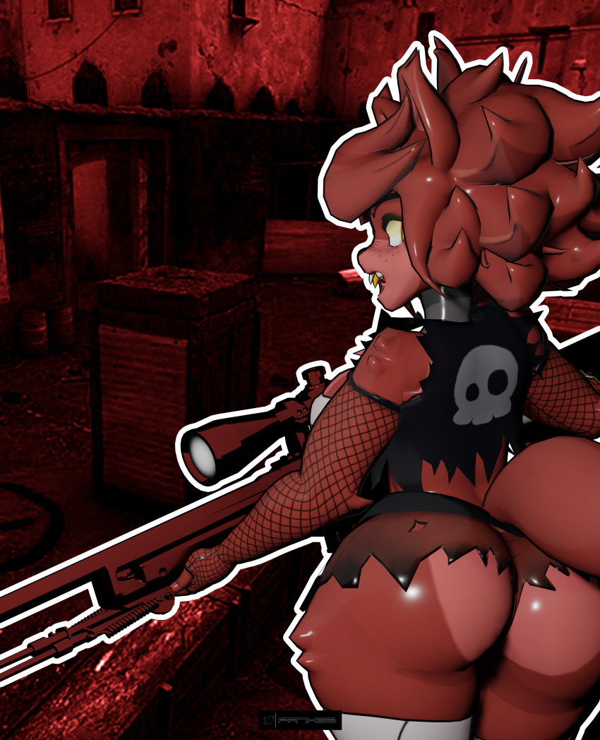 absurd_res anthro big_butt black_clothing black_shirt black_topwear butt canid canine clothing counter-strike:_global_offensive female fishnet fishnet_armwear five_nights_at_freddy's fox foxy_(cally3d) foxy_(fnaf) fredina's_nightclub fur gun hair hi_res mammal prykez ranged_weapon red_body red_fur red_hair rifle scottgames shirt simple_background sniper_rifle solo topwear torn_clothing video_games weapon