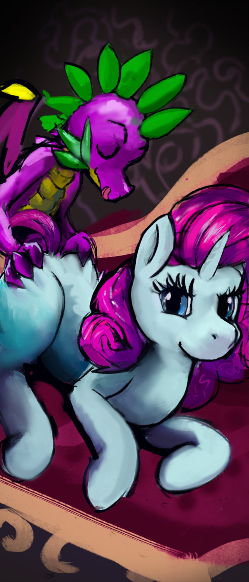 absurd_res blue_eyes claws couch_sex dragon duo equid equine female friendship_is_magic from_behind_position furniture green_body green_scales hair hasbro hi_res horse kiraco looking_at_viewer male male/female mammal mane my_little_pony pony purple_body purple_hair purple_wings rarity_(mlp) scales scalie sex sofa spike_(mlp) tongue tongue_out white_body wings