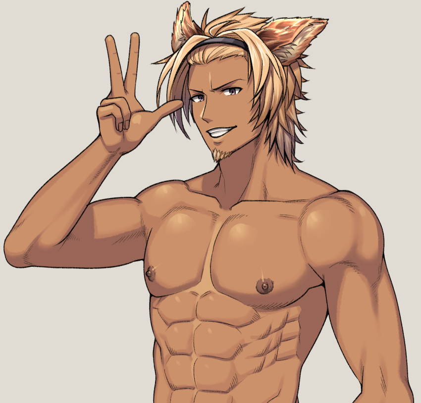 1boy abs animal_ears arima_(arima_bn) bara biceps blonde_hair diadem facial_hair granblue_fantasy highres looking_at_viewer lowain_(granblue_fantasy) male_focus manly mature_male muscular muscular_male nipples pectorals smile solo spiked_hair stubble tan teeth topless topless_male upper_body yellow_eyes