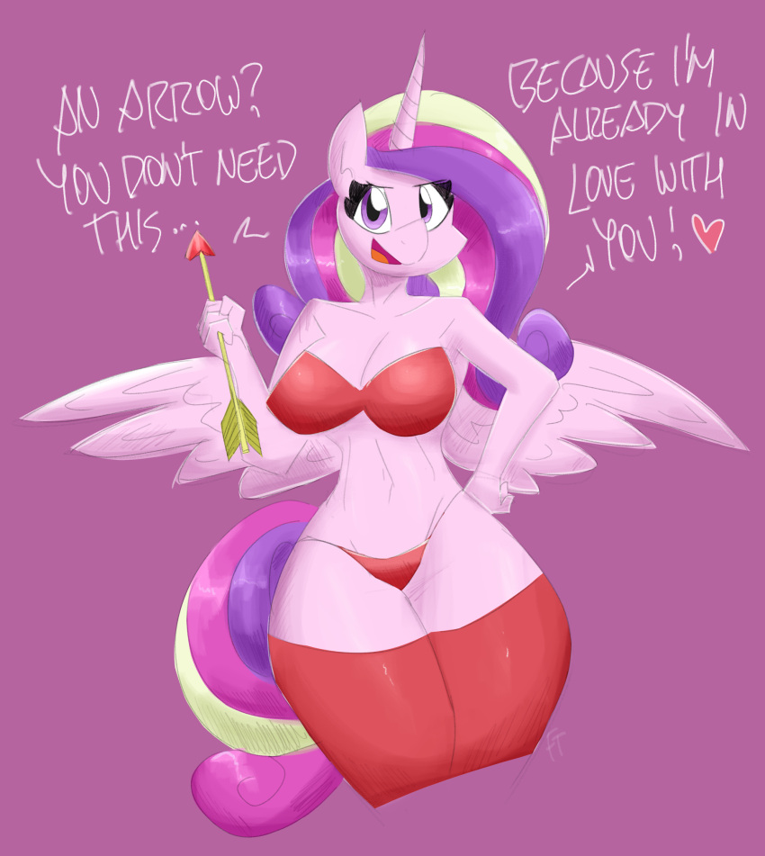 anthro bra clothing dialogue equid equine female flutterthrash friendship_is_magic hair hasbro hi_res holidays horn legwear mammal mature_anthro mature_female multicolored_hair multicolored_tail my_little_pony navel panties pink_body princess_cadance_(mlp) purple_background purple_eyes simple_background stockings talking_to_viewer text underwear valentine's_day wide_hips winged_unicorn wings