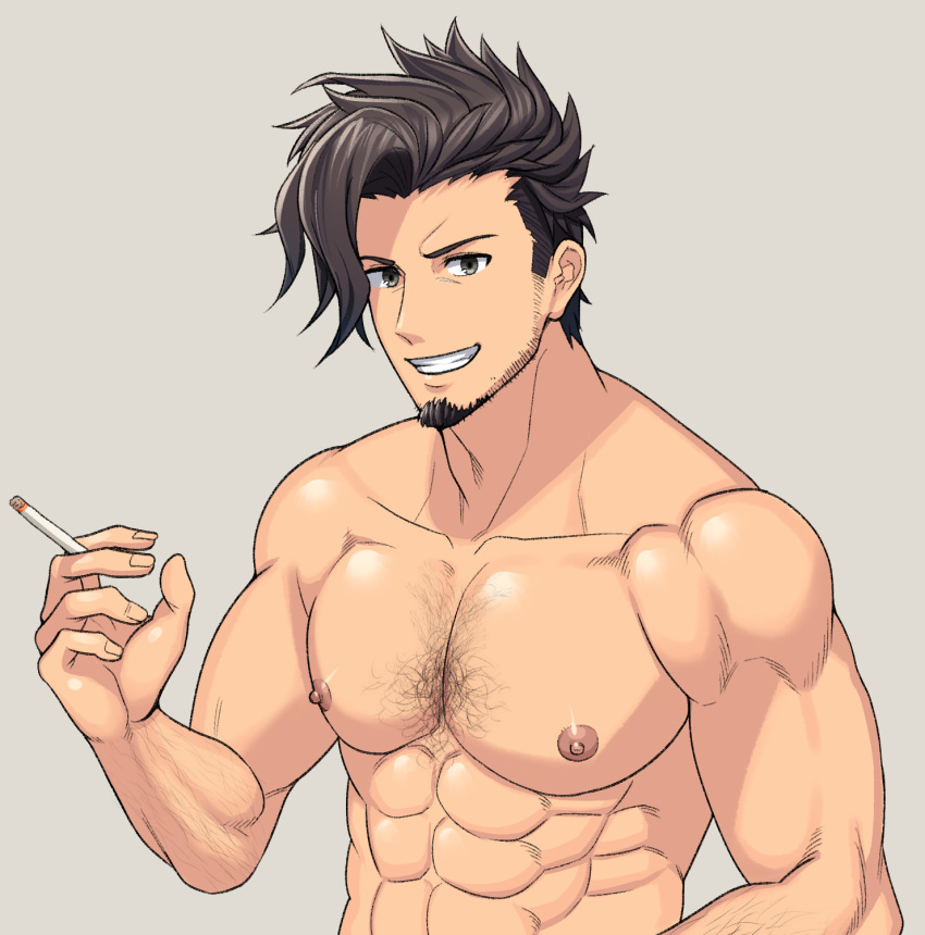 1boy abs arima_(arima_bn) arm_hair bara beard biceps black_hair chest_hair cigarette facial_hair granblue_fantasy green_eyes hairy highres looking_at_viewer male_focus manly mature_male muscular muscular_male nipples pectorals rackam_(granblue_fantasy) smoke solo spiked_hair stubble teeth topless topless_male undercut upper_body