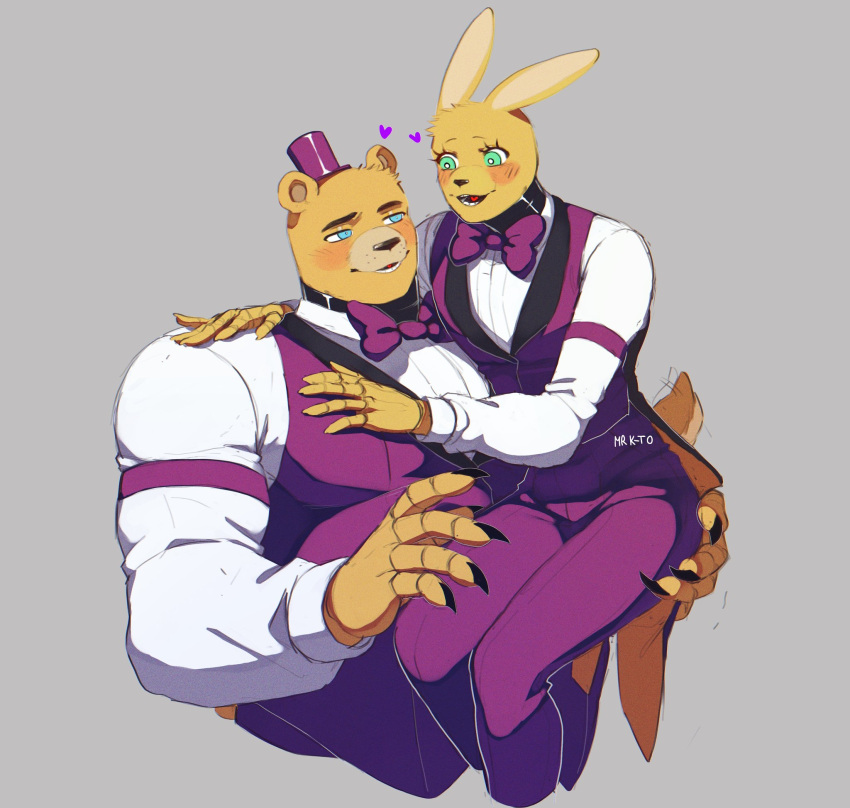 &lt;3 2022 animatronic anthro artist_name blue_eyes blush bow_tie carrying carrying_partner claws clothing digital_media_(artwork) duo fingers five_nights_at_freddy's five_nights_at_freddy's_4 fredbear_(fnaf) fur grey_background hat headgear headwear hi_res kato200_0 lagomorph larger_male leporid long_ears machine male male/male mammal multicolored_body multicolored_fur rabbit robot scottgames short_tail signature simple_background sitting size_difference smaller_male smile spring_bonnie_(fnaf) standing suit tail_motion tailwag tan_body tan_fur teal_eyes teeth tongue top_hat two_tone_body two_tone_fur ursid video_games yellow_body yellow_fur