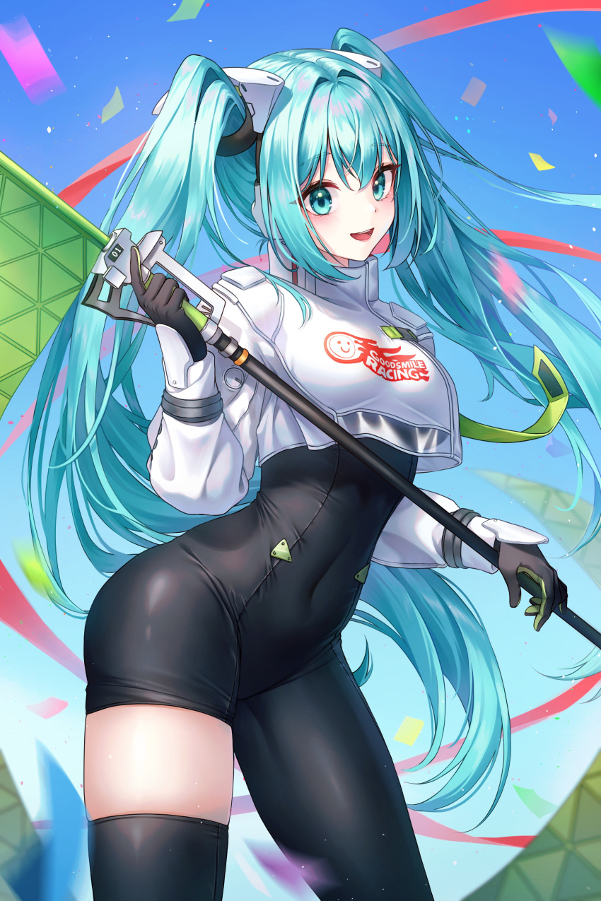 1girl absurdres aqua_eyes aqua_hair ass asymmetrical_bodysuit black_bodysuit bodysuit confetti crop_top crop_top_overhang cropped_jacket flagpole goodsmile_racing hatsune_miku highres hip_focus holding holding_pole long_hair looking_at_viewer navel pole racing_miku racing_miku_(2022) single_thighhigh skin_tight soo_ou thighhighs thighs twintails two-tone_gloves vocaloid