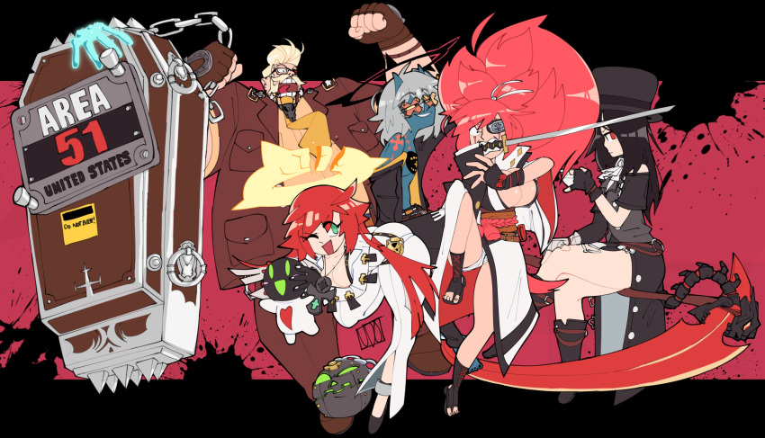 1other 2boys 2girls absurdres androgynous baiken bodysuit coffin goldlewis_dickinson gothic guilty_gear guilty_gear_strive halo happy_chaos hat highres jack-o'_valentine japanese_clothes kimono long_hair multiple_boys multiple_girls red_hair samurai testament_(guilty_gear) top_hat udonoki