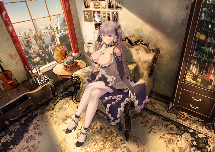 1girl absurdres alcohol azur_lane bare_shoulders between_breasts black-bird_ccn black_footwear blush breasts bridal_gauntlets cabinet carpet chair chinese_commentary cityscape cleavage closed_mouth corset crossed_legs cup dress eyebrows_visible_through_hair eyelashes formidable_(azur_lane) framed_image frilled_dress frills full_body grey_hair hair_between_eyes hair_ornament hair_ribbon high_heels highres holding holding_cup indoors instrument large_breasts liquor looking_at_viewer phonograph photo_(object) red_eyes ribbon round_table shadow shiny shiny_skin sitting smile solo sunlight teacup twintails unicorn_(azur_lane) violin white_corset white_legwear window