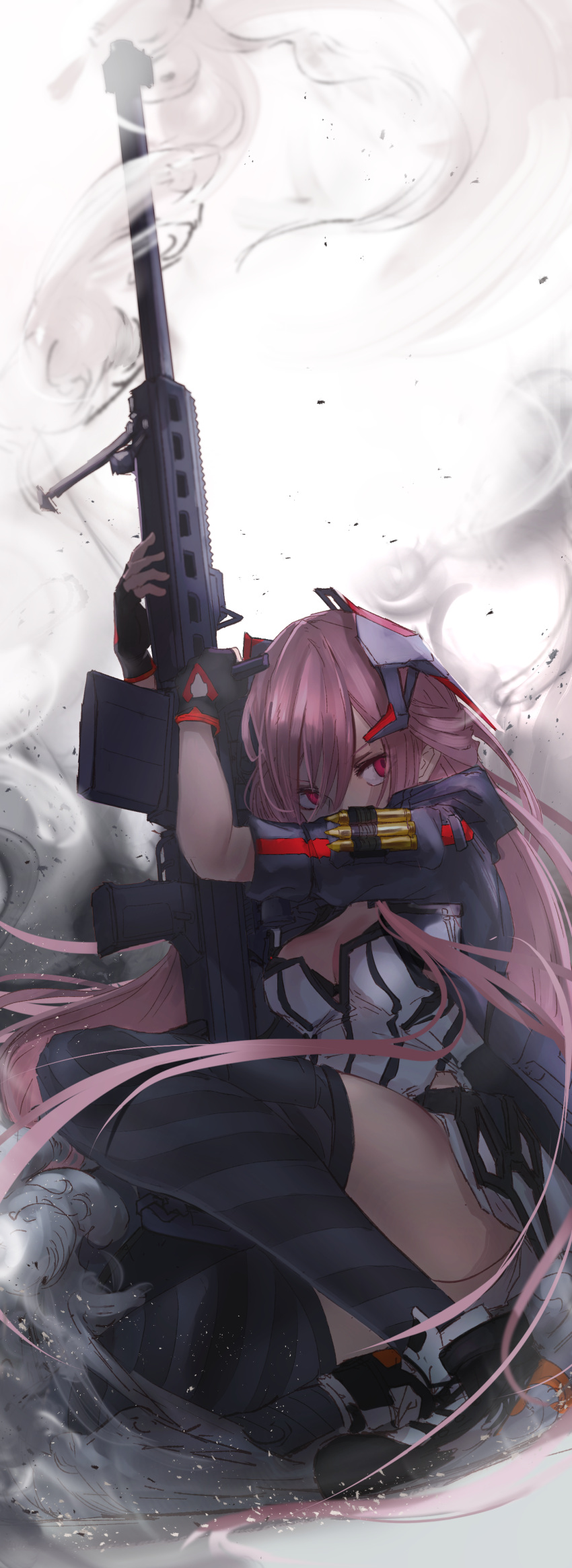 1girl absurdres anti-materiel_rifle bangs barrett_m82 bipod black_legwear breasts cleavage covering_mouth fingerless_gloves full_body girls'_frontline gloves gun headgear highres holding holding_gun holding_weapon jacket long_hair m82a1_(girls'_frontline) nakasaku-p one_knee pink_hair red_eyes rifle short_sleeves smoke smoking_gun sniper_rifle solo striped striped_legwear thighhighs very_long_hair weapon