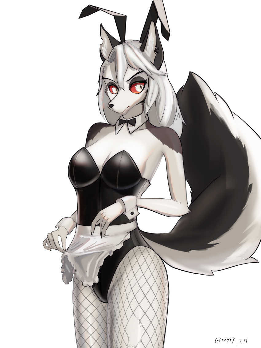 absurd_res bunny_costume canid canid_demon canine canis clothing costume demon female fishnet fishnet_legwear gfox404 hair hellhound helluva_boss hi_res legwear loona_(helluva_boss) mammal red_eyes solo white_hair wolf